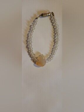 Vintage Frosted Glass Bead Bracelet with Agate Stone Centerpiece